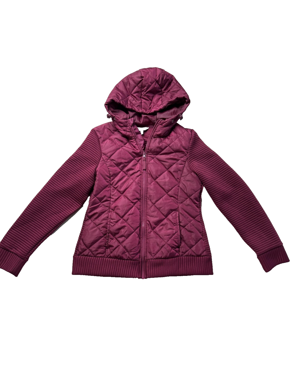 Time and Tru Jacket Womens Medium Hooded Quilted Full Zip Ribbed Trim Puffer